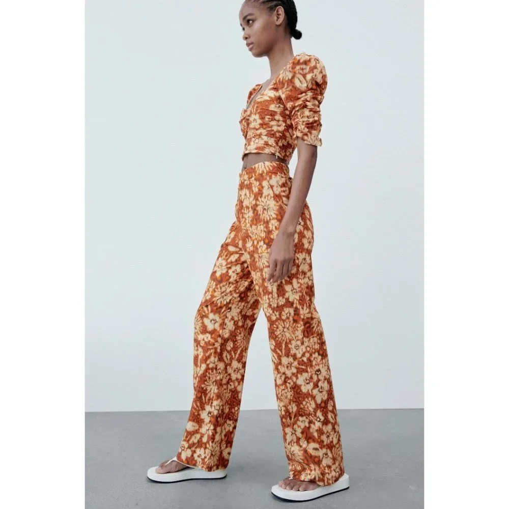 Zara Burnt Orange Floral Wide Leg Pants High Waist Boho Retro XL - Picture 3 of 16